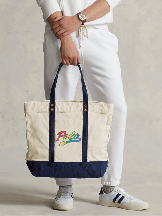 Polo Ralph Lauren Handbags - RALPH LAUREN NATURAL CANVAS Pride LARGE LOGO TOTE BAG Cream Blue NWT